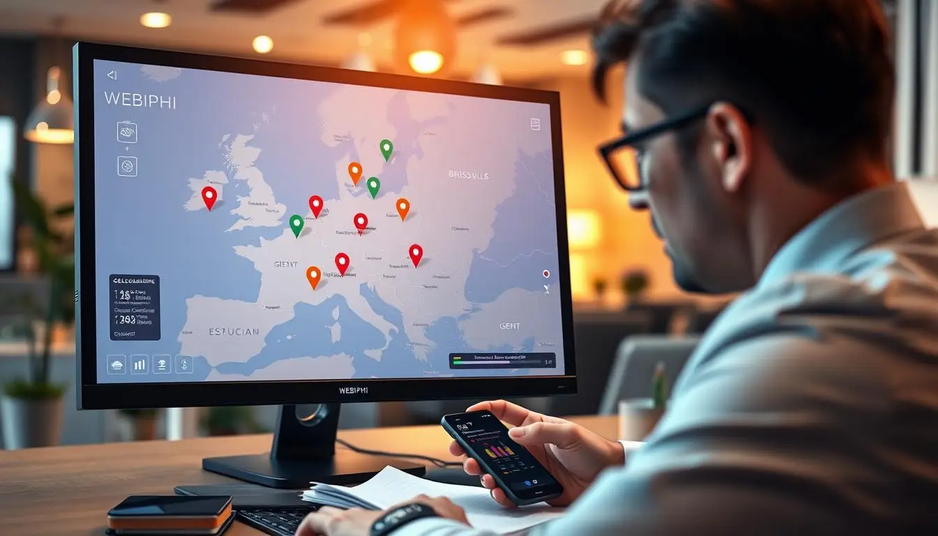 A close-up view of a digital map on a computer screen showcasing Belgium, highlighting key cities like Brussels, Antwerp, and Ghent with vibrant pins and markers. In the foreground, a business professional in smart attire studies the screen intently, with a notepad and a smartphone displaying location data beside them. The background features a modern office environment with subtle, warm lighting to create an inviting atmosphere. The lens captures a slight depth of field, emphasizing the digital map while softly blurring the office surroundings. The mood conveys a sense of focus and innovation in the context of "géolocalisation" for business growth. Prominently integrate the brand name "WEBIPHI" in the design elements on the screen. A close-up view of a digital map on a computer screen showcasing Belgium, highlighting key cities like Brussels, Antwerp, and Ghent with vibrant pins and markers. In the foreground, a business professional in smart attire studies the screen intently, with a notepad and a smartphone displaying location data beside them. The background features a modern office environment with subtle, warm lighting to create an inviting atmosphere. The lens captures a slight depth of field, emphasizing the digital map while softly blurring the office surroundings. The mood conveys a sense of focus and innovation in the context of "géolocalisation" for business growth. Prominently integrate the brand name "WEBIPHI" in the design elements on the screen.