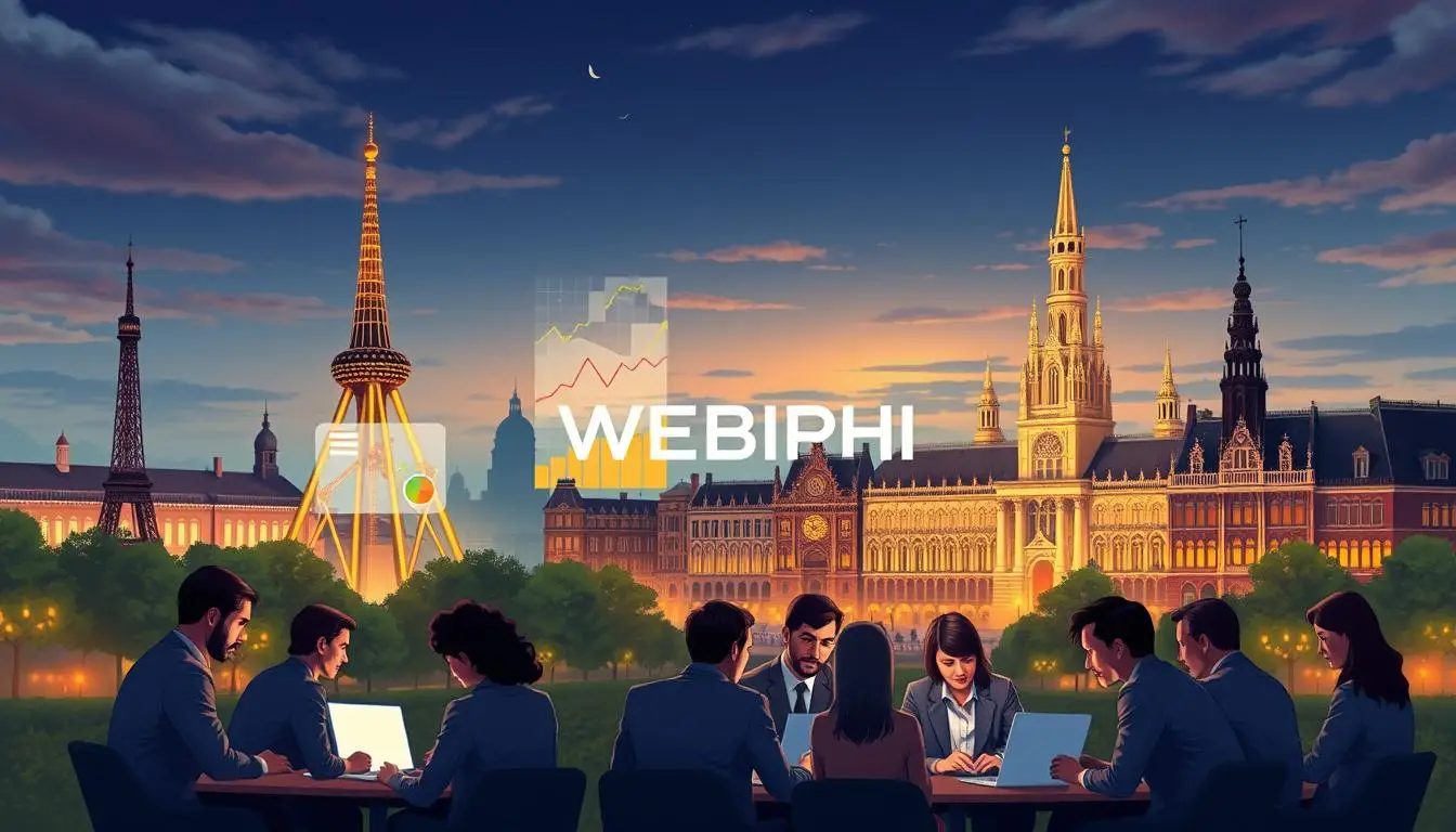 A vibrant digital landscape representing SEO localization in Belgium, featuring iconic Belgian landmarks like the Atomium and the Grand Place adorned with digital marketing elements. In the foreground, a diverse group of professionals in business attire gathered around laptops, analyzing data and discussing strategies, symbolizing collaboration in the digital age. The middle ground showcases charts and graphs emerging from the buildings, suggesting the integration of local SEO data. The background is a twilight sky, filled with a warm glow reflecting the bustling tech environment. Soft, ambient lighting highlights the faces of the professionals, creating a focused and optimistic atmosphere for the digital marketing scene. The brand logo "WEBIPHI" subtly integrated into the environment, representing innovative solutions in local SEO.